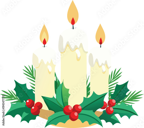 Three lit candles surrounded by holly and pine branches festive holiday decoration stock illustration