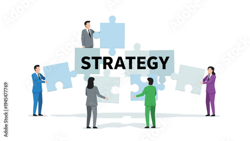 Business people assembling a puzzle with the word STRATEGY in the center, symbolizing teamwork and planning.