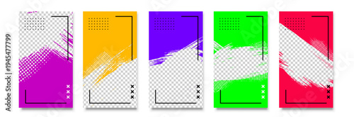 Colorful Poster Design Templates Set - Vibrant Brush Stroke Layouts with Halftone Dots and Geometric Frames in Yellow Red Purple Green Blue