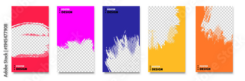 Colorful Poster Design Templates Set - Vibrant Brush Stroke Layouts with Halftone Dots and Geometric Frames in Yellow Red Purple Green Blue