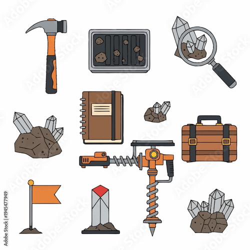 Geology and Mining Tools Collection - Hammer, Drill, Magnifying Glass, and Crystals.