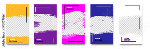 Colorful Poster Design Templates Set - Brush Stroke Layouts with Halftone Dots and Geometric Frames in Yellow Purple Pink Blue White