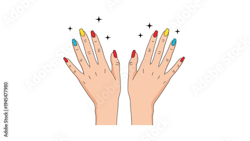 Pair of hands displays a colorful manicure with red blue and yellow nail polish decorated with sparkling stars.
