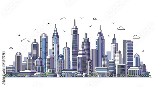 Modern city skyline line art drawing depicts various skyscrapers and office buildings with birds in the sky.