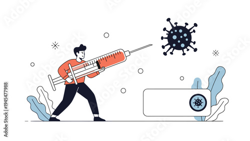 Medical conceptual illustration shows a person using a giant syringe to fight against a large virus molecule.