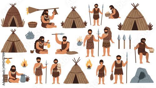 Prehistoric cavemen characters and elements like huts fire and spears are shown in a flat illustration set.