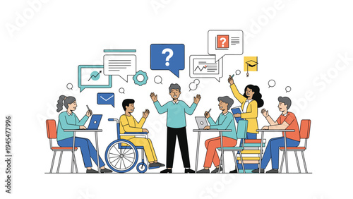 Diverse group of students and a teacher interact in a modern classroom setting with educational symbols.