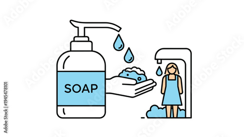 Personal hygiene and hand washing concept illustration showing a large soap bottle with bubbles and a person taking a shower in the distance.