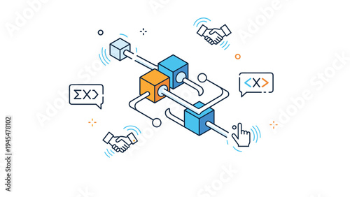 Blockchain technology and digital secure transactions concept shown with interconnected 3d cubes, handshakes, and data symbols in isometric style.