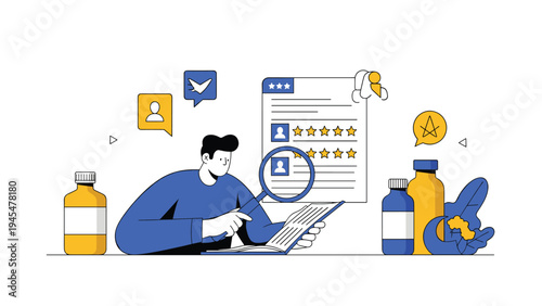 Product review and quality control concept illustration with a character examining a document with star ratings using a magnifying glass.