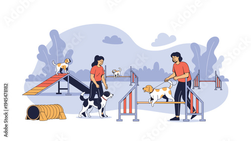 Dog agility training scene illustration with people guiding their pets through various obstacles including a ramp, tunnel, and hurdles in a park.