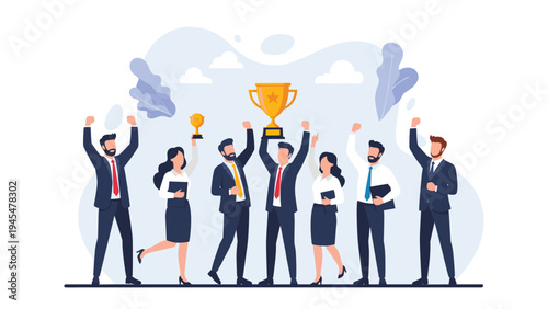 Successful business team of men and women in suits cheering and celebrating while holding up a large gold trophy and award cup.