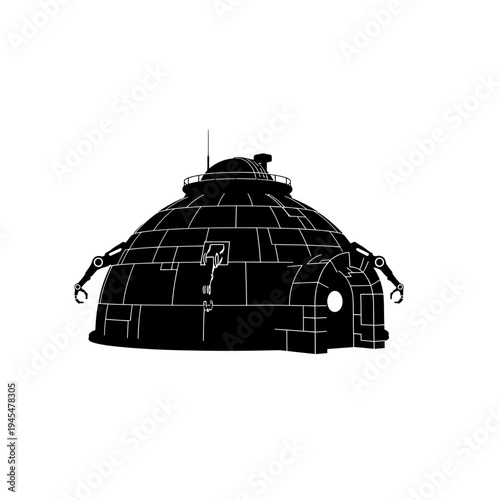 Futuristic dome-shaped building with robotic arms and antennae, isolated on white background.