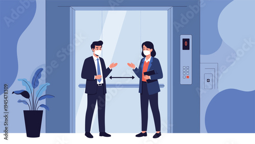 Two business professionals wearing face masks and maintaining social distance while standing inside an elevator in a modern office building.