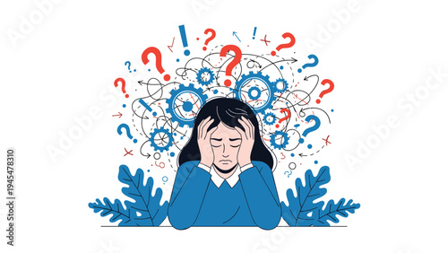 Stressed woman holding her head with a chaotic explosion of question marks, gear wheels, and tangled lines representing mental health struggles.