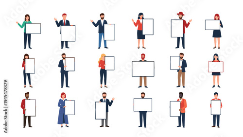 Collection of diverse people from different backgrounds and professions each holding a blank white placard or signboard for custom text.