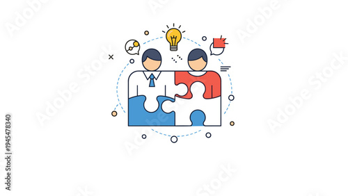 Business collaboration concept showing two professionals in suits merging together like puzzle pieces under a bright lightbulb idea.