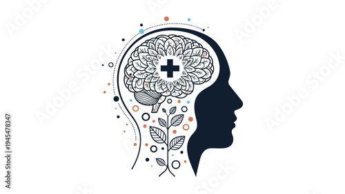 Conceptual illustration of a human head silhouette with a brain shaped like a blooming leaf plant and cross symbol for mental wellness.