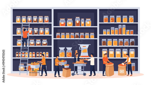 Busy warehouse scene with workers using ladders and carts to organize hundreds of glass jars filled with various products on tall shelves.