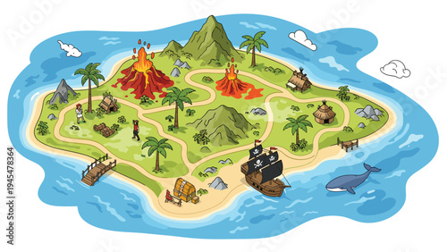 Adventurous tropical island map features volcanoes, pirate ships, treasure chests, and indigenous huts in a blue sea.