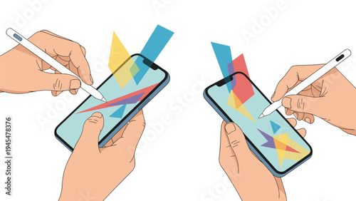 Artistic display of two sets of hands using stylus pens to interact with large smartphones showing colorful geometric abstract shapes on screen.