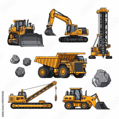Heavy construction and mining machinery set with various industrial vehicles and rocks.
