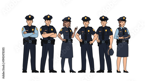 Team of male and female police officers in blue uniforms stands together representing law enforcement and public safety.