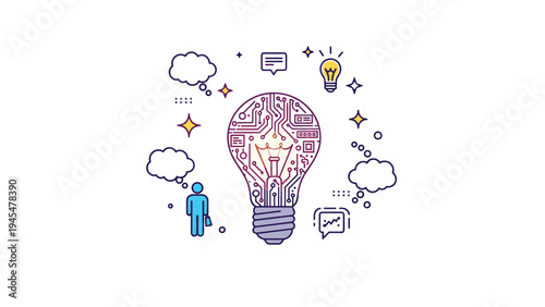 Creative innovation and digital ideas are symbolized by a lightbulb featuring internal circuitry and surrounding thought bubbles.