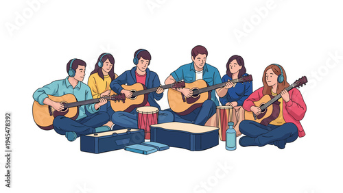 Group of young musicians sits together playing acoustic guitars and drums in a collaborative musical performance.