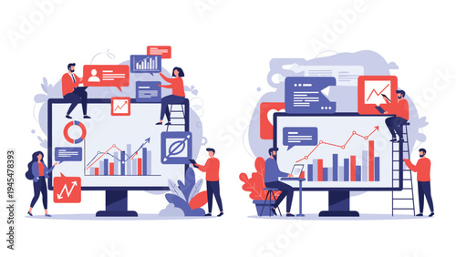 Team of business professionals collaboratively manages and analyzes real-time data on large interactive digital dashboards.