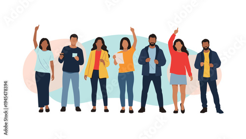 Diverse group of individuals is shown raising their hands and holding documents representing voting or public participation.