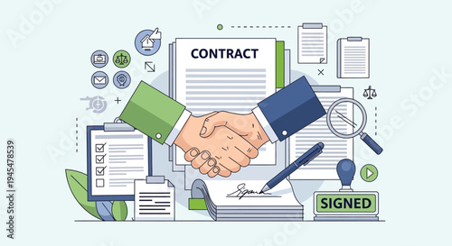 Business agreement, handshake contract, partnership deal, corporate handshake