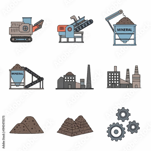 Industrial mining and quarrying equipment, factories, and raw materials in a collection of colorful icons.