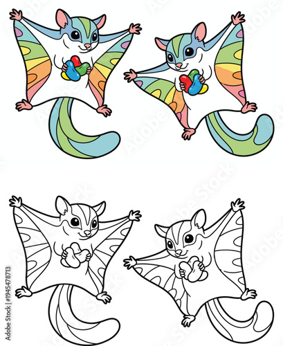 Adorable Rainbow Sugar Gliders with Hearts Kawaii Animal Illustration