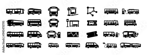Bus and Public Transportation Icons Set – City Bus, Electric Bus, Bus Stop, Ticket, Transit Map Silhouette Collection