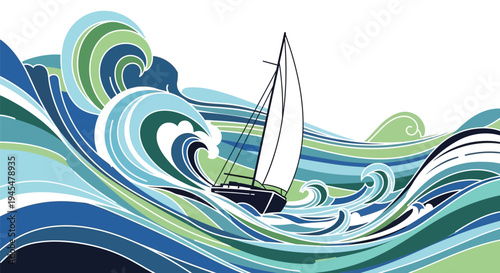 Sailing, ocean waves, nautical illustration, vector graphics