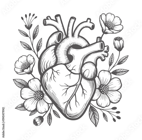 Black and white anatomical heart with floral and branches