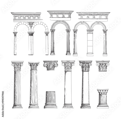 Black and white architectural of classical columns and arches