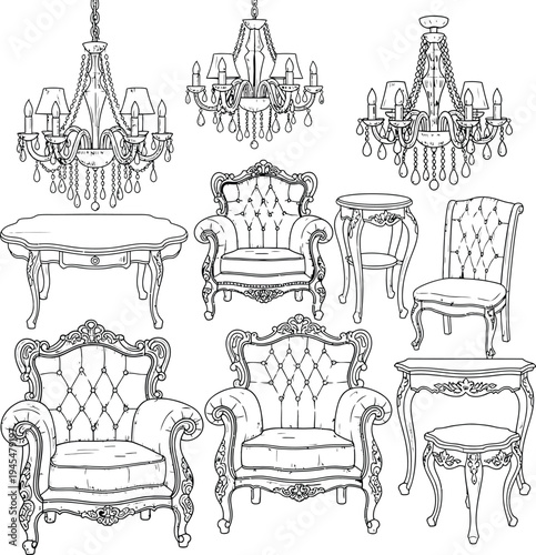 Ornate Baroque Furniture & Chandelier Sketch Set for Luxury Decor