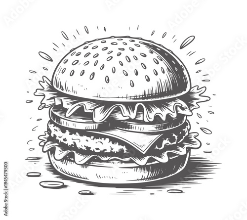 Black and white ink of a hamburger with sesame bun lettuce cheese