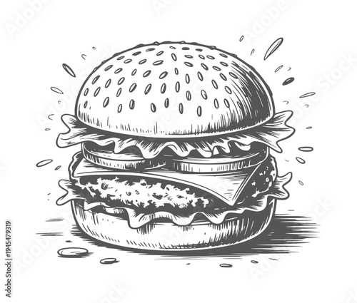 Black and white ink of a hamburger with sesame bun seeds lettuce