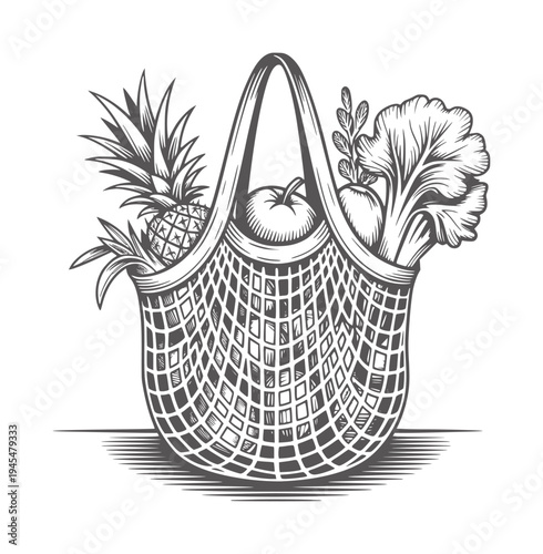 Black and white line mesh bag filled with pineapple tomato and leafy greens