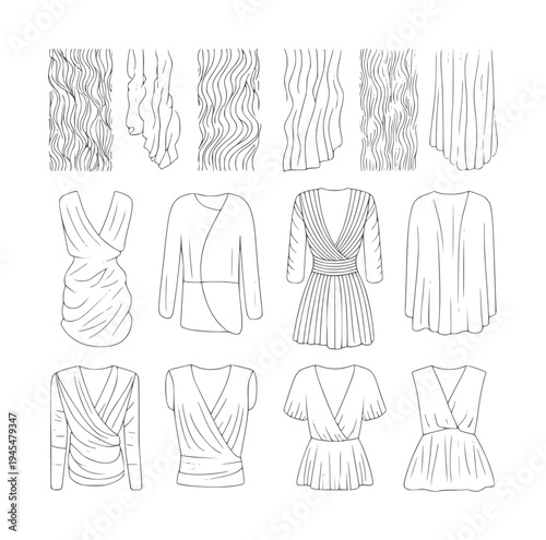 Black and white line collection of draped fashion garments and fabric textures