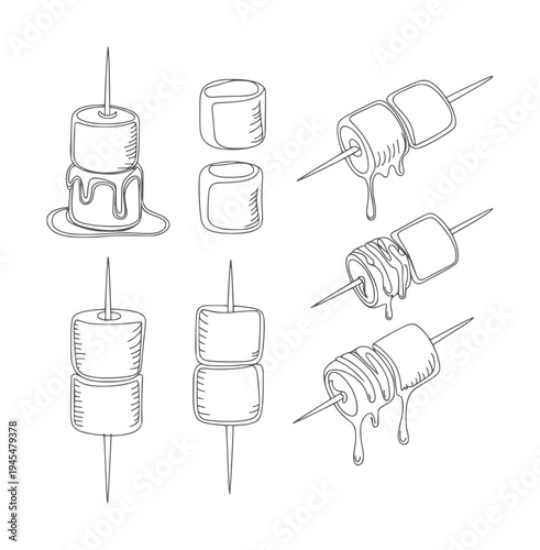 Black and white line of marshmallows melting skewers and being stacked