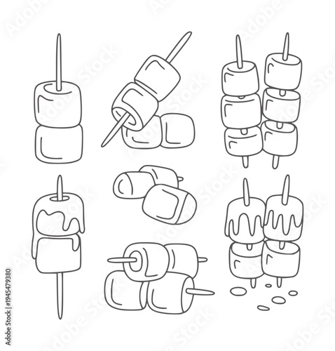 Black and white line of marshmallows skewers in various arrangements