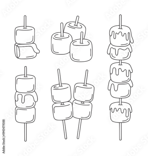 Black and white line of marshmallows skewers in various melting stages