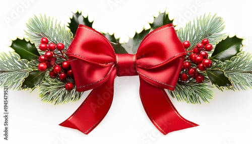 Elegant Red Christmas Bow Adorned With Holly Berries And Pine Needles Isolated On Transparent Background