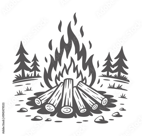 Black and white of a campfire with logs burning in a forest setting flames