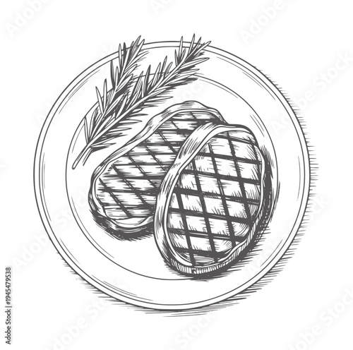 Black and white of grilled steak with rosemary a plate 1