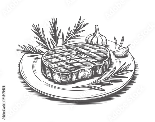 Black and white style of a grilled steak with rosemary and garlic blackandwhite
